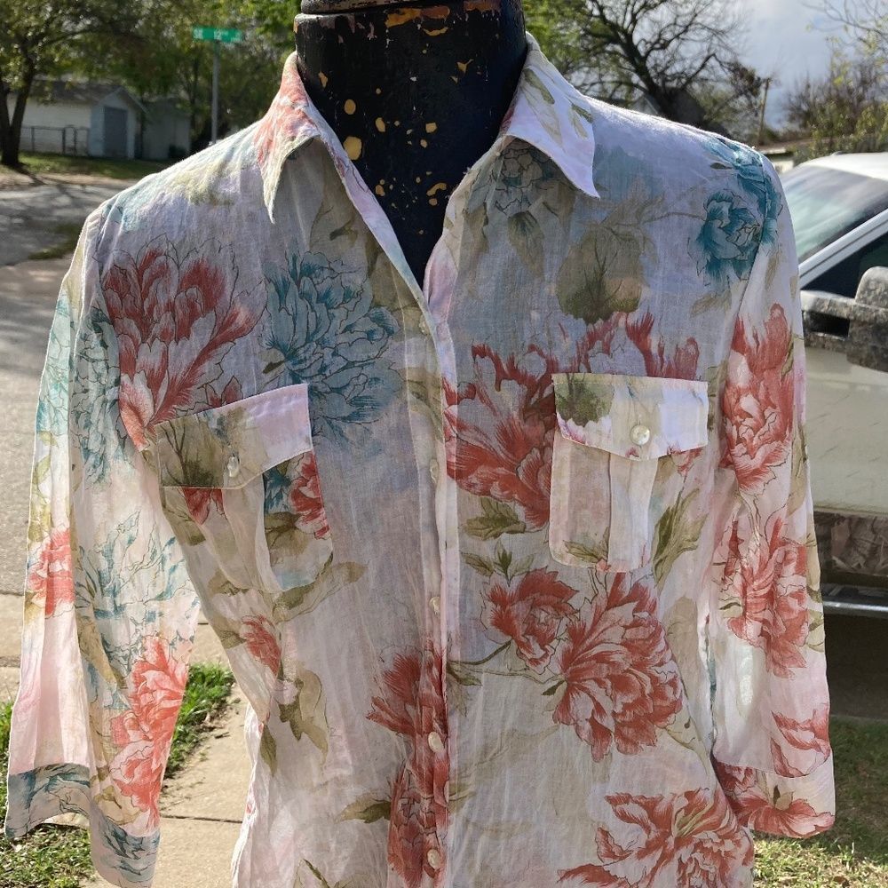 Chico's White Pink & Blue Floral Sheer Large  Button-up Blouse/Shirt - Picture 5 of 10